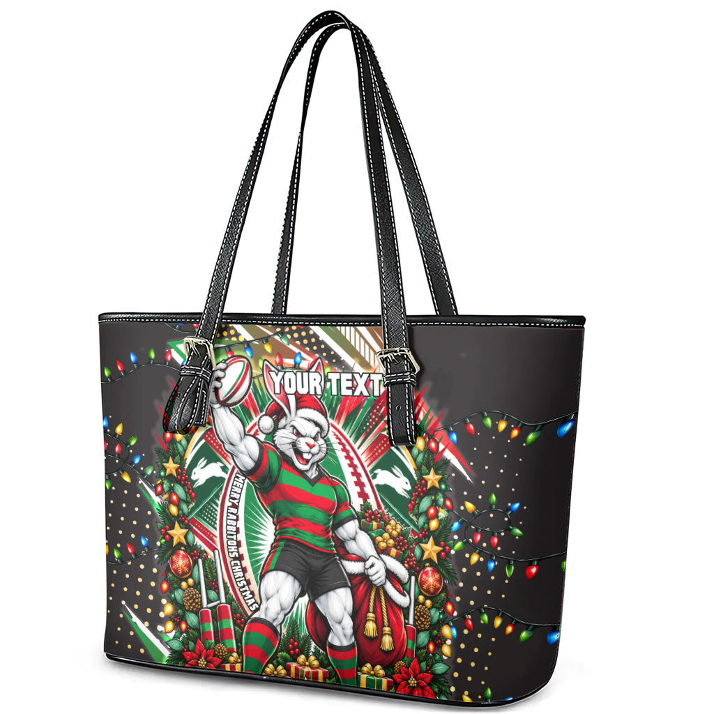 Personalized South Sydney Rabbitohs Rugby Christmas Leather Tote Bag Holiday Mascot Graphic Art Festive Lights Bow