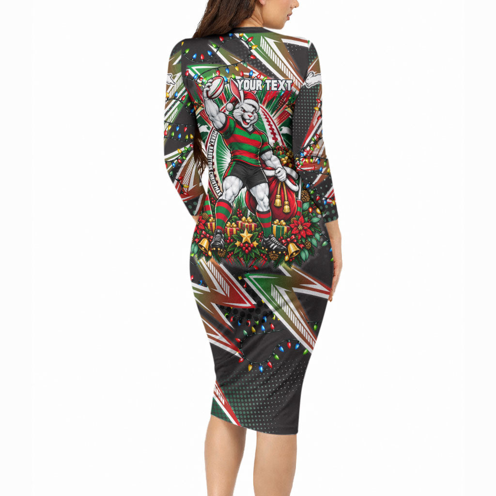 Personalized South Sydney Rabbitohs Rugby Christmas Long Sleeve Bodycon Dress Holiday Mascot Graphic Art Festive Lights Bow