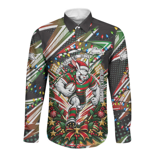 Personalized South Sydney Rabbitohs Rugby Christmas Long Sleeve Button Shirt Holiday Mascot Graphic Art Festive Lights Bow