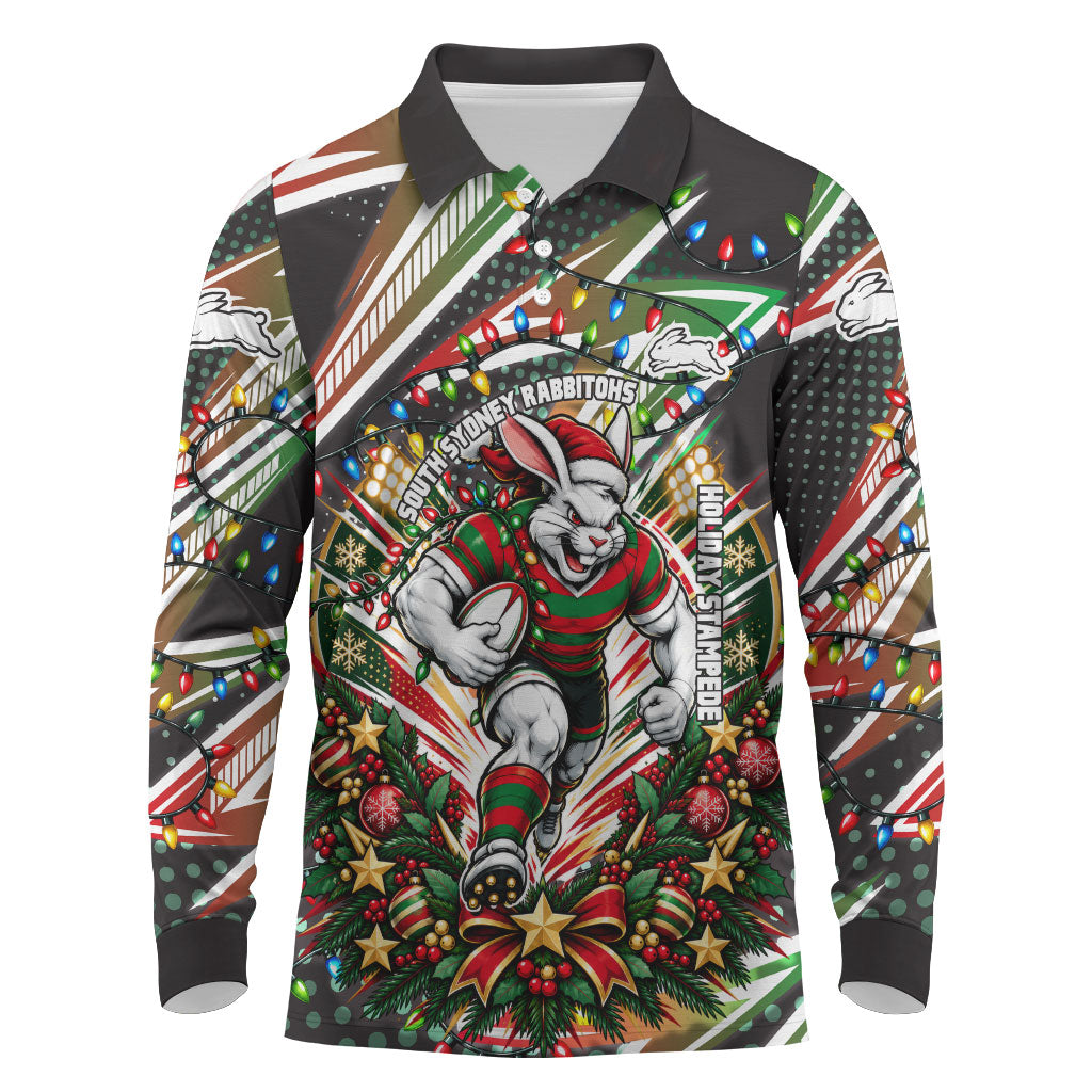 Personalized South Sydney Rabbitohs Rugby Christmas Long Sleeve Polo Shirt Holiday Mascot Graphic Art Festive Lights Bow