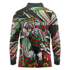 Personalized South Sydney Rabbitohs Rugby Christmas Long Sleeve Polo Shirt Holiday Mascot Graphic Art Festive Lights Bow