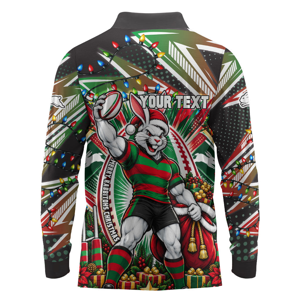 Personalized South Sydney Rabbitohs Rugby Christmas Long Sleeve Polo Shirt Holiday Mascot Graphic Art Festive Lights Bow