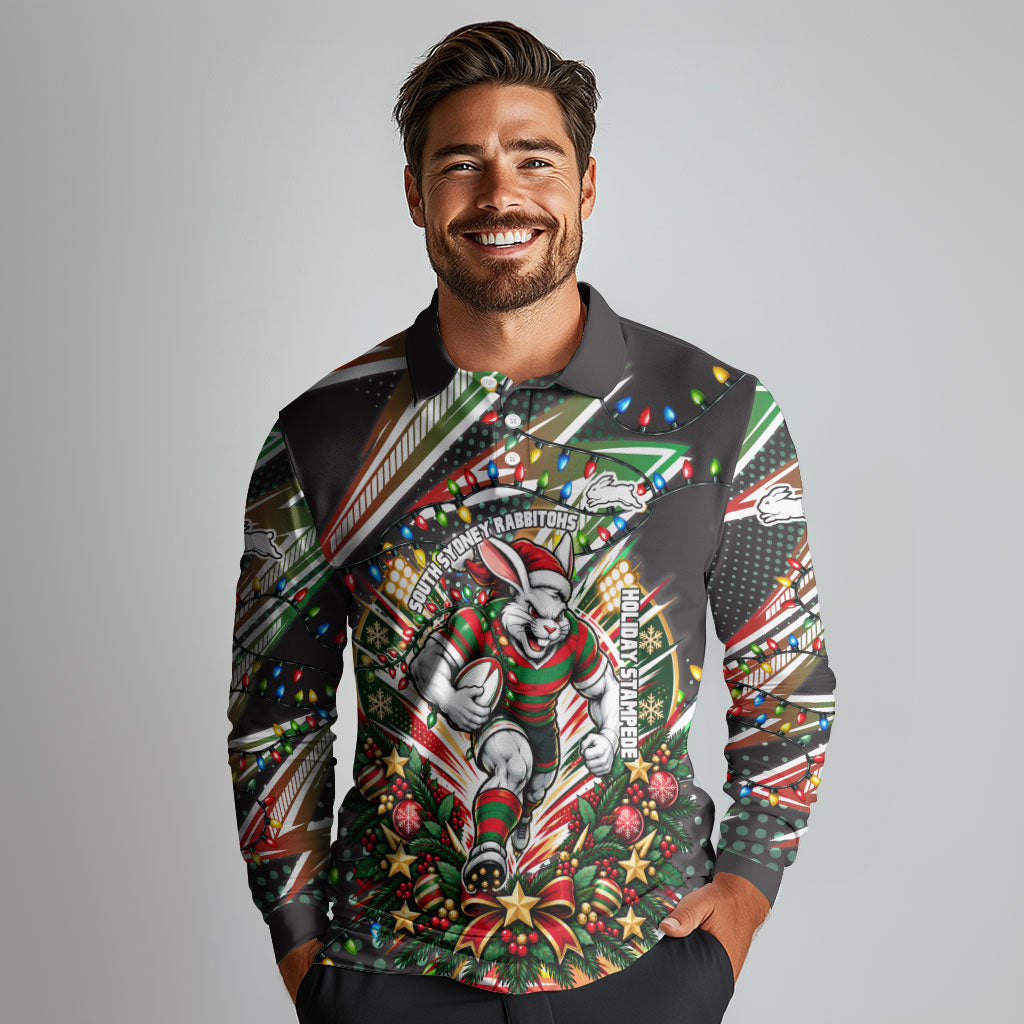 Personalized South Sydney Rabbitohs Rugby Christmas Long Sleeve Polo Shirt Holiday Mascot Graphic Art Festive Lights Bow