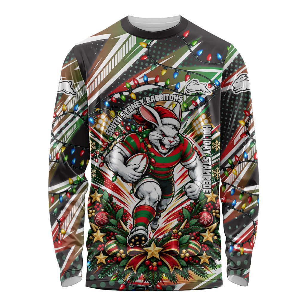 Personalized South Sydney Rabbitohs Rugby Christmas Long Sleeve Shirt Holiday Mascot Graphic Art Festive Lights Bow