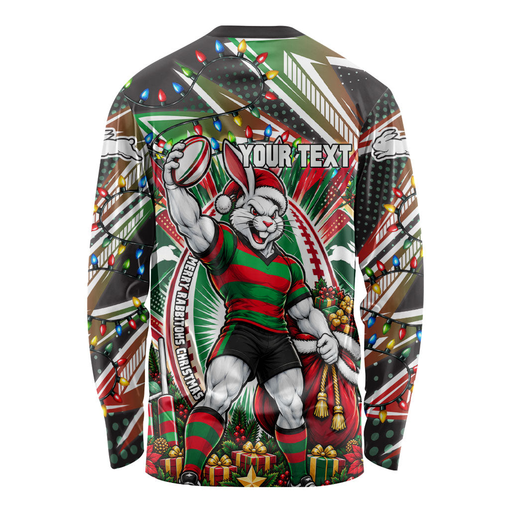 Personalized South Sydney Rabbitohs Rugby Christmas Long Sleeve Shirt Holiday Mascot Graphic Art Festive Lights Bow