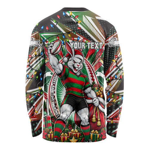 Personalized South Sydney Rabbitohs Rugby Christmas Long Sleeve Shirt Holiday Mascot Graphic Art Festive Lights Bow
