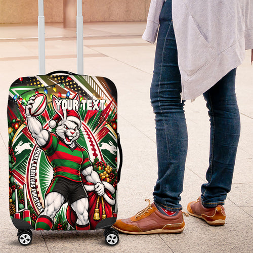Personalized South Sydney Rabbitohs Rugby Christmas Luggage Cover Holiday Mascot Graphic Art Festive Lights Bow