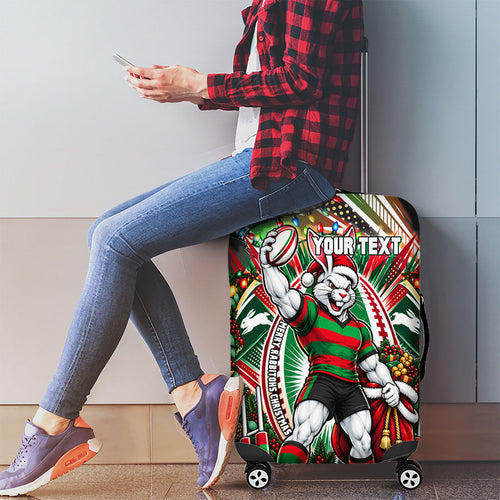 Personalized South Sydney Rabbitohs Rugby Christmas Luggage Cover Holiday Mascot Graphic Art Festive Lights Bow