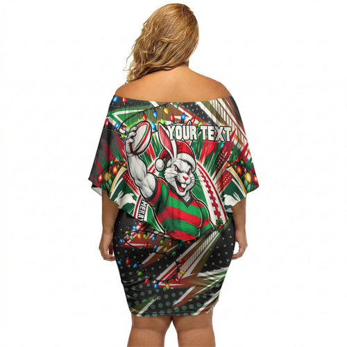 Personalized South Sydney Rabbitohs Rugby Christmas Off Shoulder Short Dress Holiday Mascot Graphic Art Festive Lights Bow