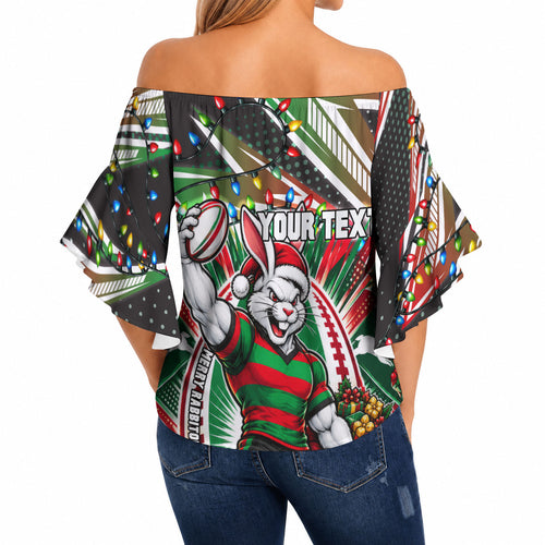 Personalized South Sydney Rabbitohs Rugby Christmas Off Shoulder Wrap Waist Top Holiday Mascot Graphic Art Festive Lights Bow