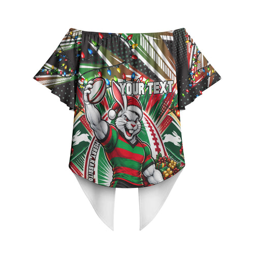 Personalized South Sydney Rabbitohs Rugby Christmas Off Shoulder Wrap Waist Top Holiday Mascot Graphic Art Festive Lights Bow