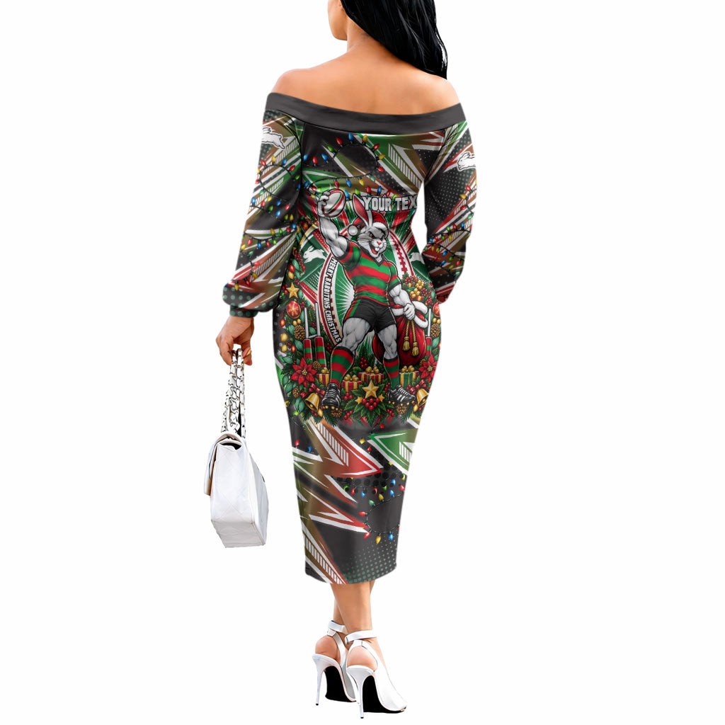 Personalized South Sydney Rabbitohs Rugby Christmas Off The Shoulder Long Sleeve Dress Holiday Mascot Graphic Art Festive Lights Bow