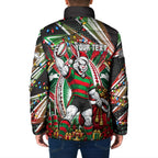 Personalized South Sydney Rabbitohs Rugby Christmas Padded Jacket Holiday Mascot Graphic Art Festive Lights Bow