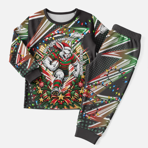 Personalized South Sydney Rabbitohs Rugby Christmas Pajama Set Holiday Mascot Graphic Art Festive Lights Bow