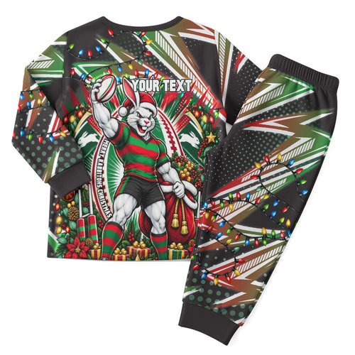 Personalized South Sydney Rabbitohs Rugby Christmas Pajama Set Holiday Mascot Graphic Art Festive Lights Bow