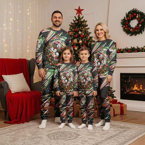 Personalized South Sydney Rabbitohs Rugby Christmas Pajama Set Holiday Mascot Graphic Art Festive Lights Bow