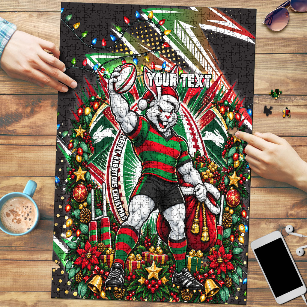 Personalized South Sydney Rabbitohs Rugby Christmas Puzzle Holiday Mascot Graphic Art Festive Lights Bow