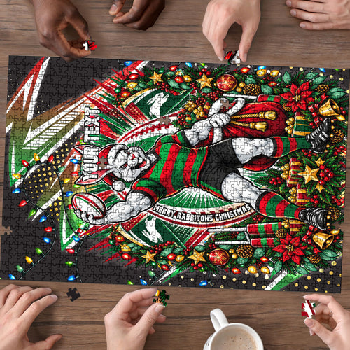 Personalized South Sydney Rabbitohs Rugby Christmas Puzzle Holiday Mascot Graphic Art Festive Lights Bow