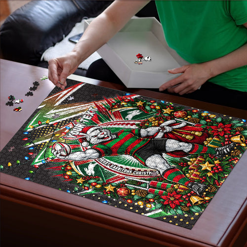 Personalized South Sydney Rabbitohs Rugby Christmas Puzzle Holiday Mascot Graphic Art Festive Lights Bow
