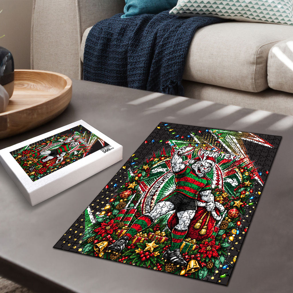 Personalized South Sydney Rabbitohs Rugby Christmas Puzzle Holiday Mascot Graphic Art Festive Lights Bow