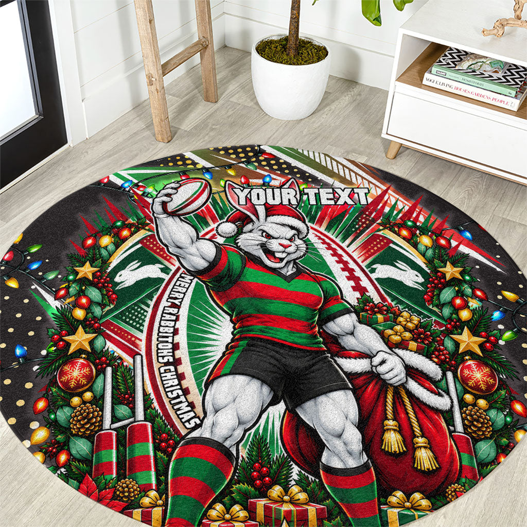 Personalized South Sydney Rabbitohs Rugby Christmas Round Carpet Holiday Mascot Graphic Art Festive Lights Bow