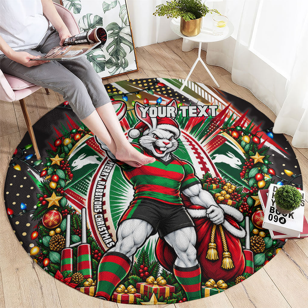 Personalized South Sydney Rabbitohs Rugby Christmas Round Carpet Holiday Mascot Graphic Art Festive Lights Bow