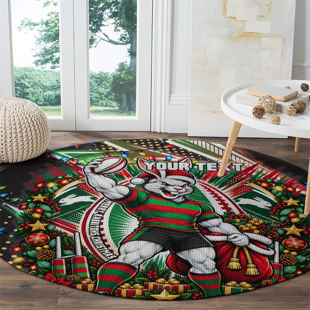 Personalized South Sydney Rabbitohs Rugby Christmas Round Carpet Holiday Mascot Graphic Art Festive Lights Bow
