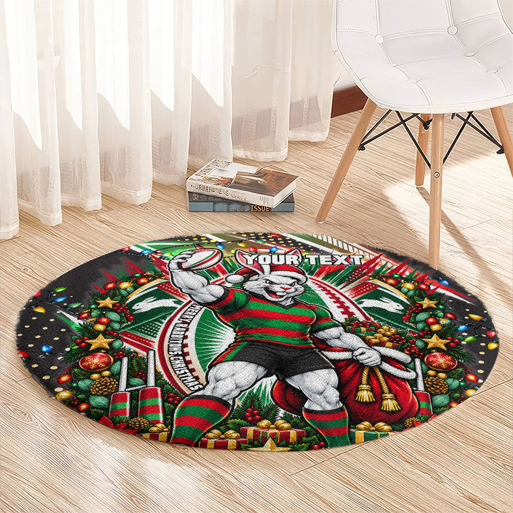 Personalized South Sydney Rabbitohs Rugby Christmas Round Carpet Holiday Mascot Graphic Art Festive Lights Bow