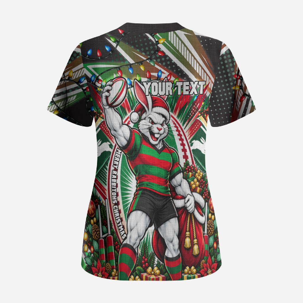 Personalized South Sydney Rabbitohs Rugby Christmas Scrub Top Holiday Mascot Graphic Art Festive Lights Bow