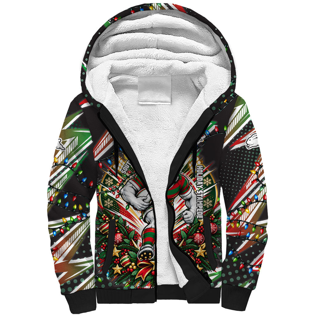 Personalized South Sydney Rabbitohs Rugby Christmas Sherpa Hoodie Holiday Mascot Graphic Art Festive Lights Bow