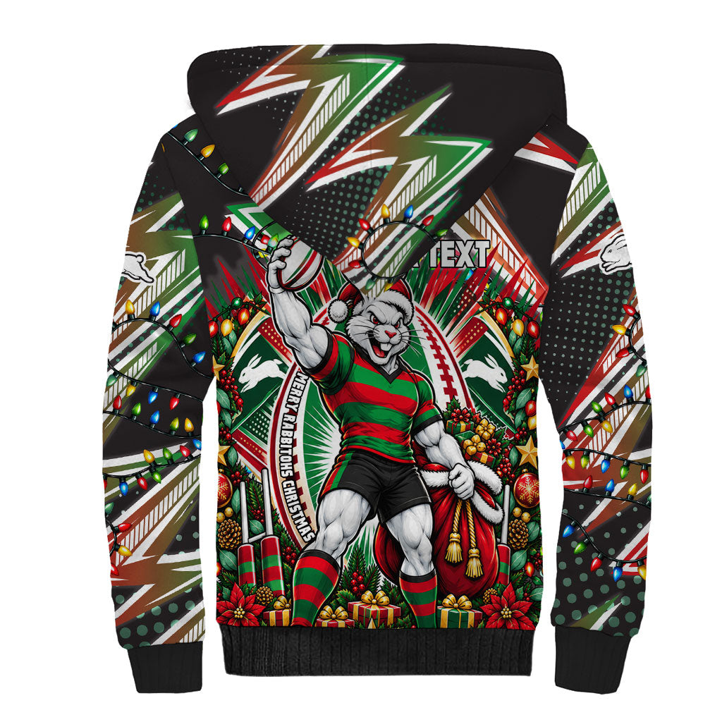 Personalized South Sydney Rabbitohs Rugby Christmas Sherpa Hoodie Holiday Mascot Graphic Art Festive Lights Bow