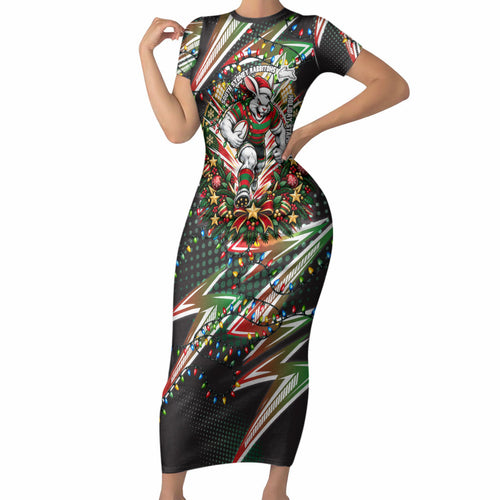 Personalized South Sydney Rabbitohs Rugby Christmas Short Sleeve Bodycon Dress Holiday Mascot Graphic Art Festive Lights Bow