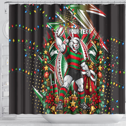 Personalized South Sydney Rabbitohs Rugby Christmas Shower Curtain Holiday Mascot Graphic Art Festive Lights Bow