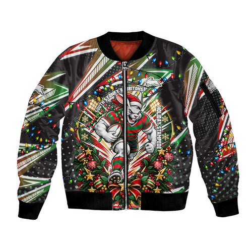 Personalized South Sydney Rabbitohs Rugby Christmas Sleeve Zip Bomber Jacket Holiday Mascot Graphic Art Festive Lights Bow