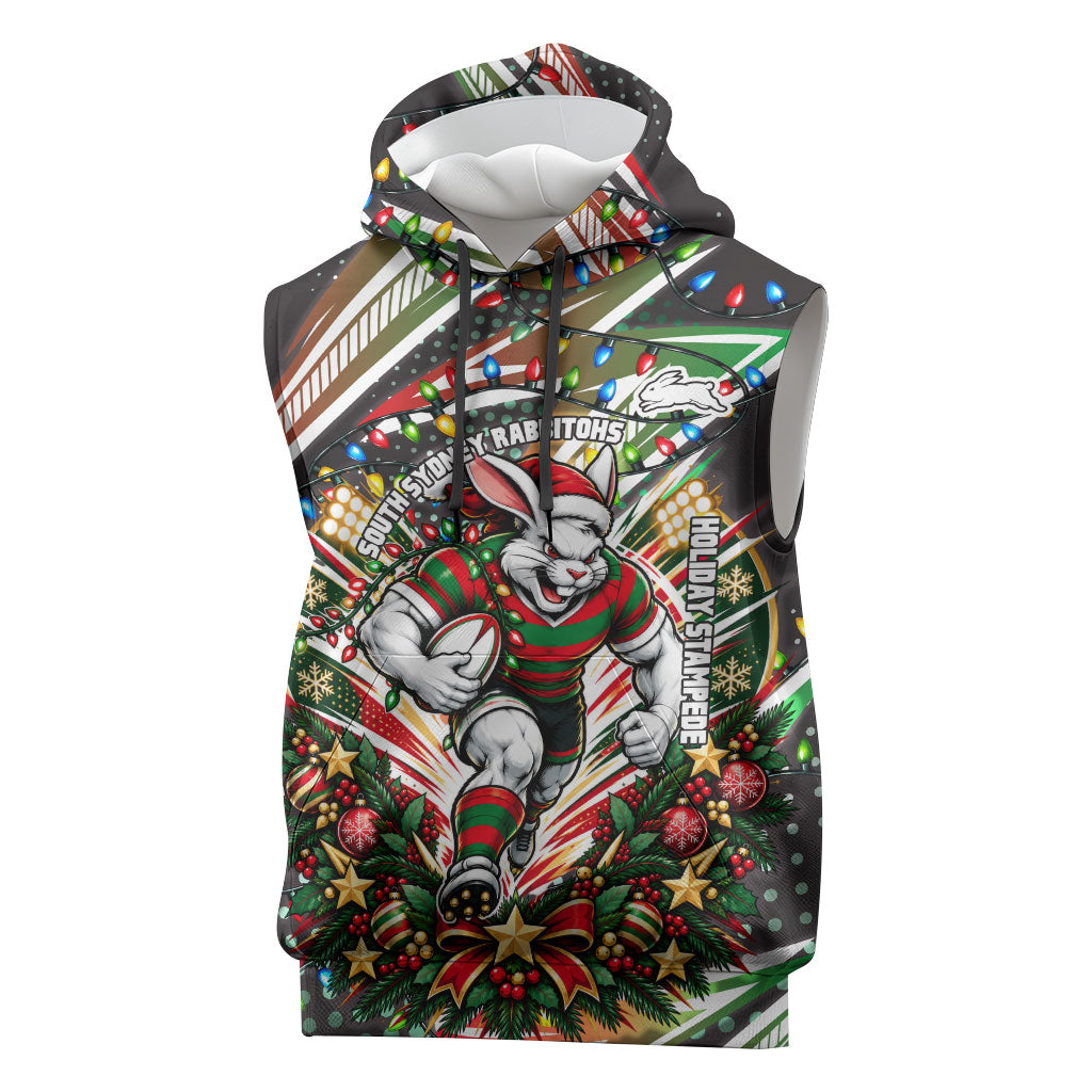 Personalized South Sydney Rabbitohs Rugby Christmas Sleeveless Hoodie Holiday Mascot Graphic Art Festive Lights Bow