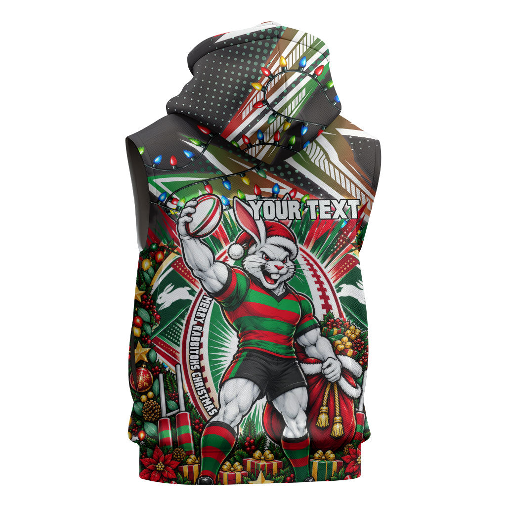 Personalized South Sydney Rabbitohs Rugby Christmas Sleeveless Hoodie Holiday Mascot Graphic Art Festive Lights Bow