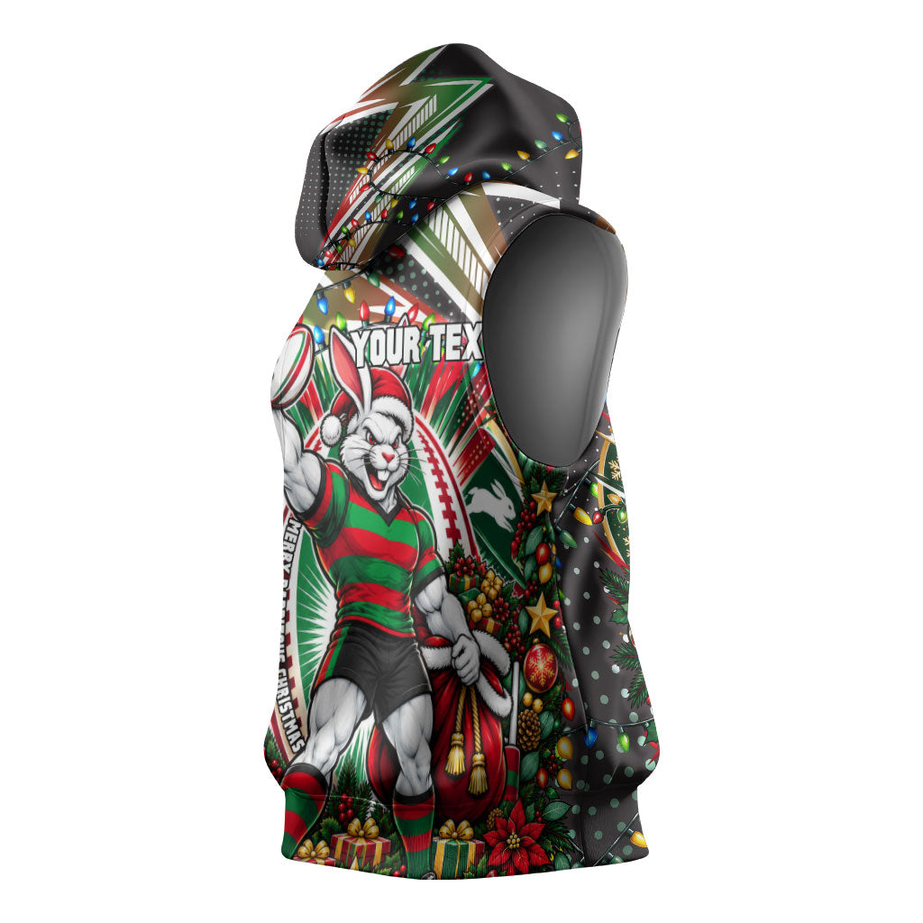 Personalized South Sydney Rabbitohs Rugby Christmas Sleeveless Hoodie Holiday Mascot Graphic Art Festive Lights Bow
