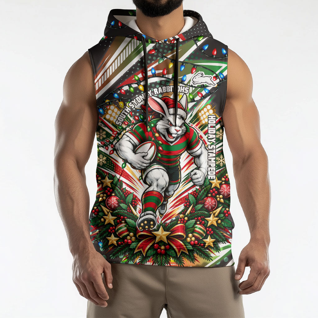 Personalized South Sydney Rabbitohs Rugby Christmas Sleeveless Hoodie Holiday Mascot Graphic Art Festive Lights Bow