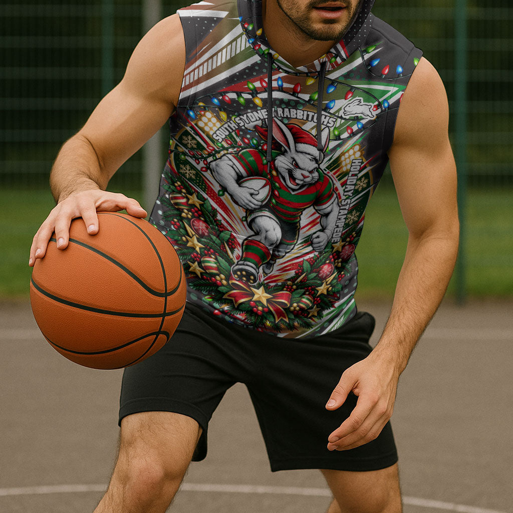 Personalized South Sydney Rabbitohs Rugby Christmas Sleeveless Hoodie Holiday Mascot Graphic Art Festive Lights Bow