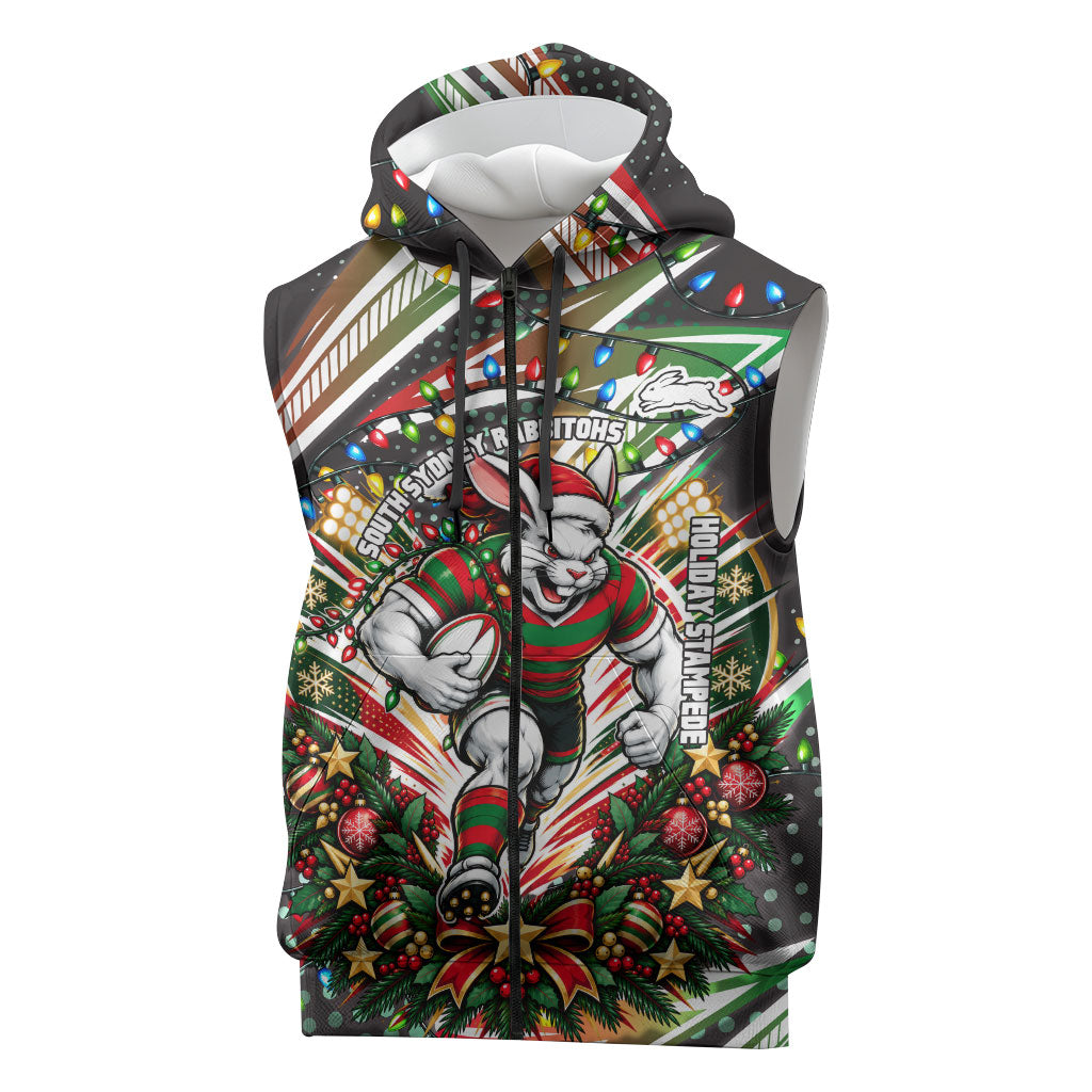 Personalized South Sydney Rabbitohs Rugby Christmas Sleeveless Zip Hoodie Holiday Mascot Graphic Art Festive Lights Bow