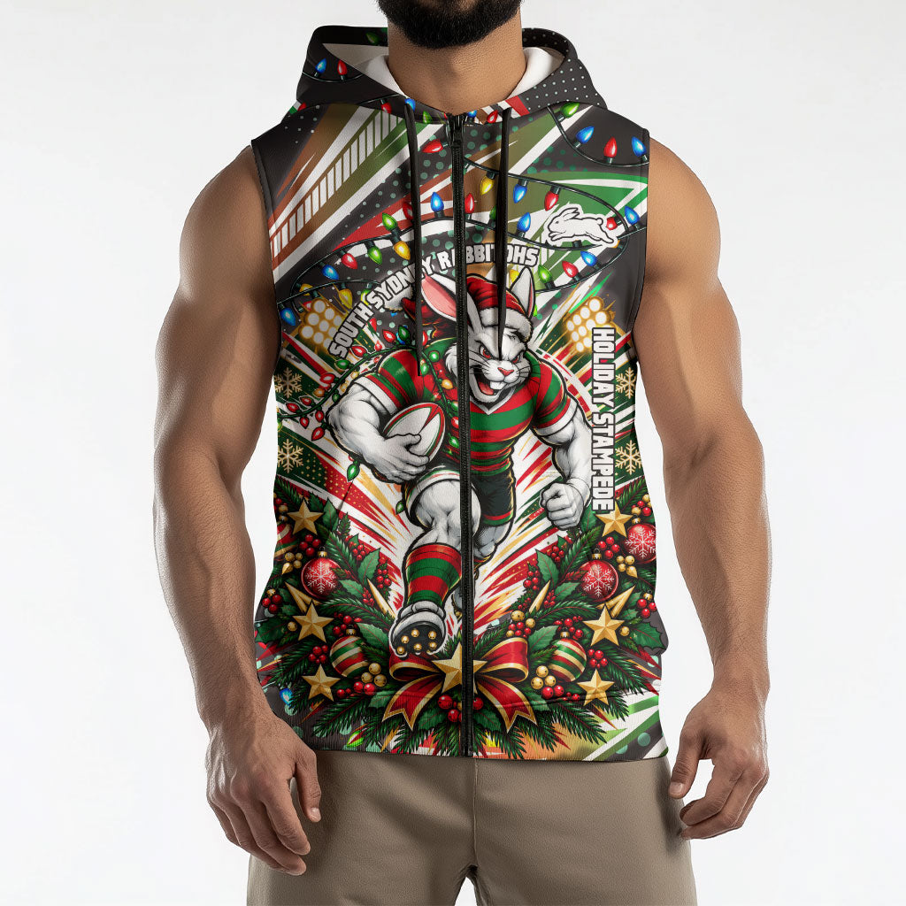 Personalized South Sydney Rabbitohs Rugby Christmas Sleeveless Zip Hoodie Holiday Mascot Graphic Art Festive Lights Bow