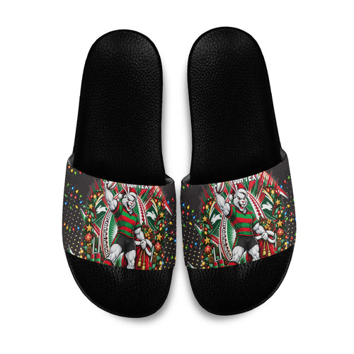 Personalized South Sydney Rabbitohs Rugby Christmas Slide Sandals Holiday Mascot Graphic Art Festive Lights Bow