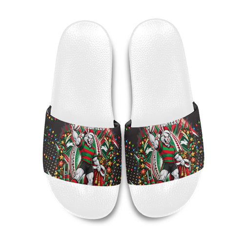 Personalized South Sydney Rabbitohs Rugby Christmas Slide Sandals Holiday Mascot Graphic Art Festive Lights Bow