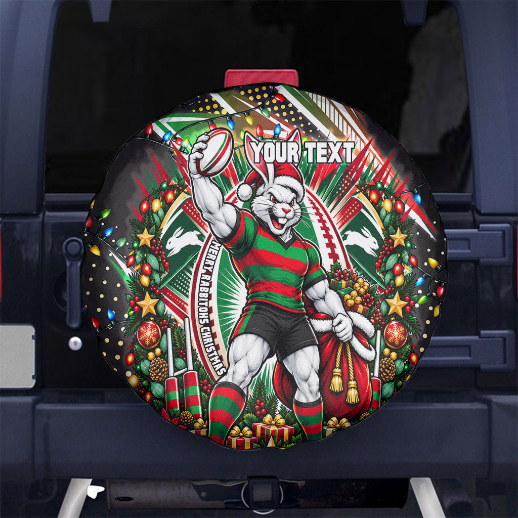 Personalized South Sydney Rabbitohs Rugby Christmas Spare Tire Cover Holiday Mascot Graphic Art Festive Lights Bow