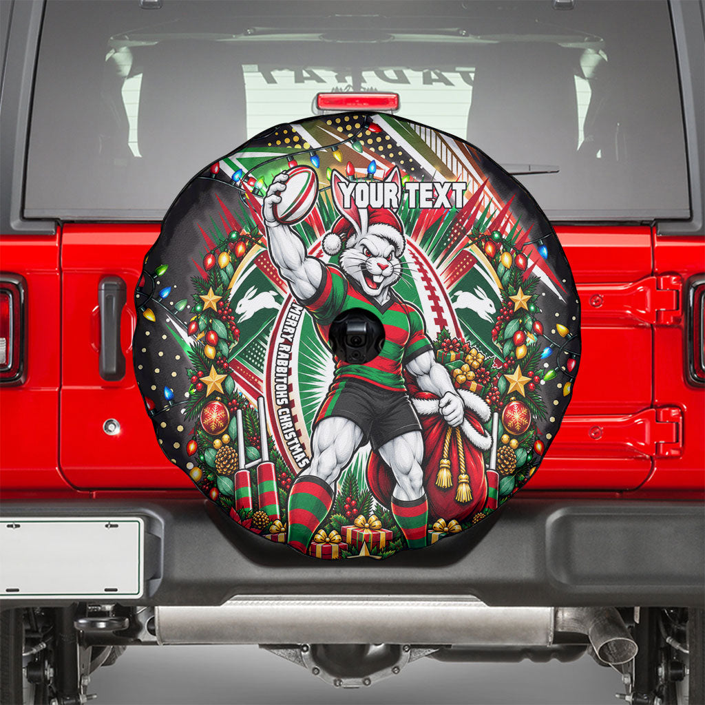 Personalized South Sydney Rabbitohs Rugby Christmas Spare Tire Cover Holiday Mascot Graphic Art Festive Lights Bow