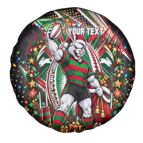 Personalized South Sydney Rabbitohs Rugby Christmas Spare Tire Cover Holiday Mascot Graphic Art Festive Lights Bow