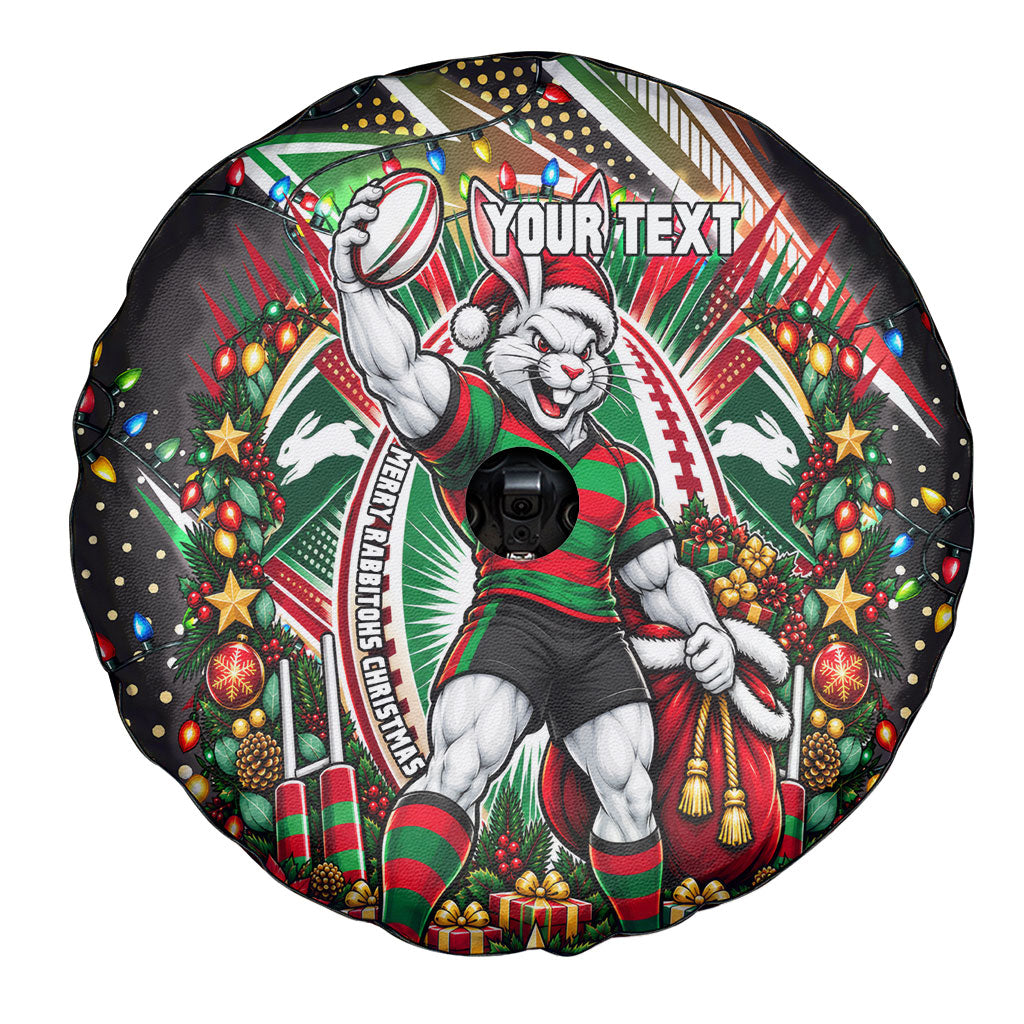 Personalized South Sydney Rabbitohs Rugby Christmas Spare Tire Cover Holiday Mascot Graphic Art Festive Lights Bow