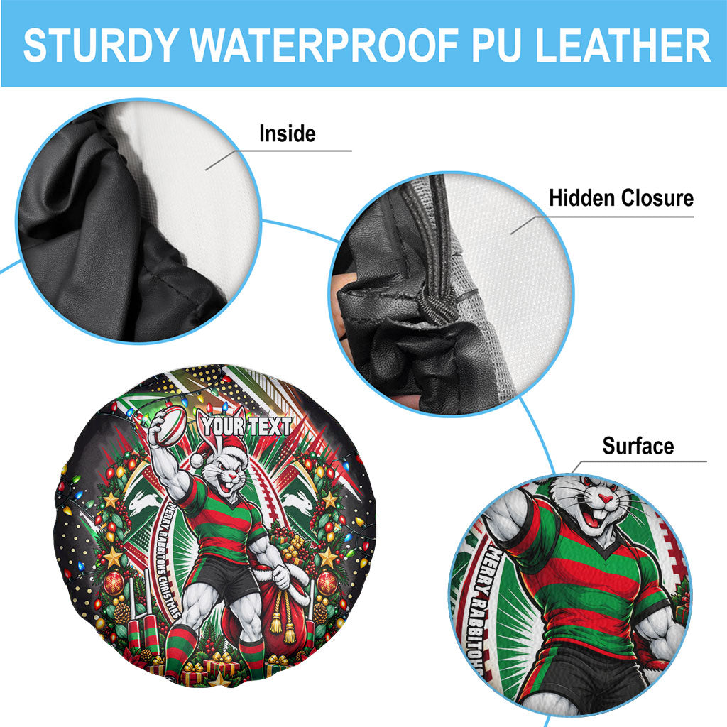 Personalized South Sydney Rabbitohs Rugby Christmas Spare Tire Cover Holiday Mascot Graphic Art Festive Lights Bow