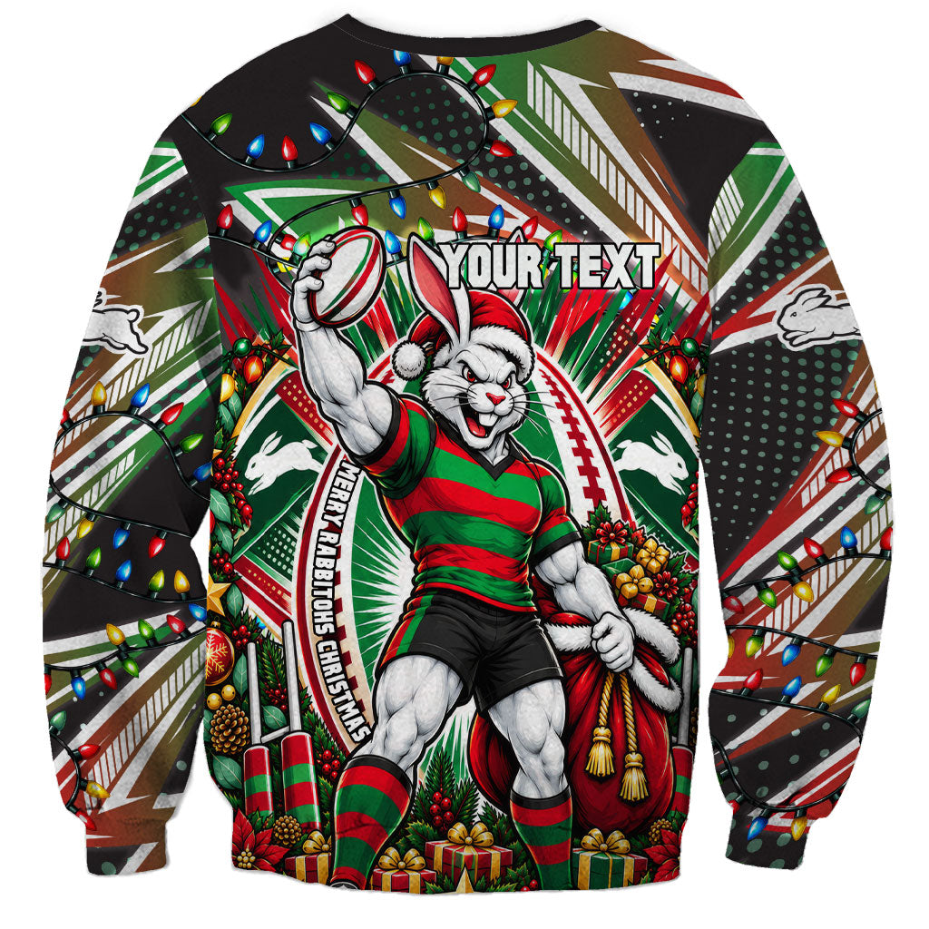 Personalized South Sydney Rabbitohs Rugby Christmas Sweatshirt Holiday Mascot Graphic Art Festive Lights Bow