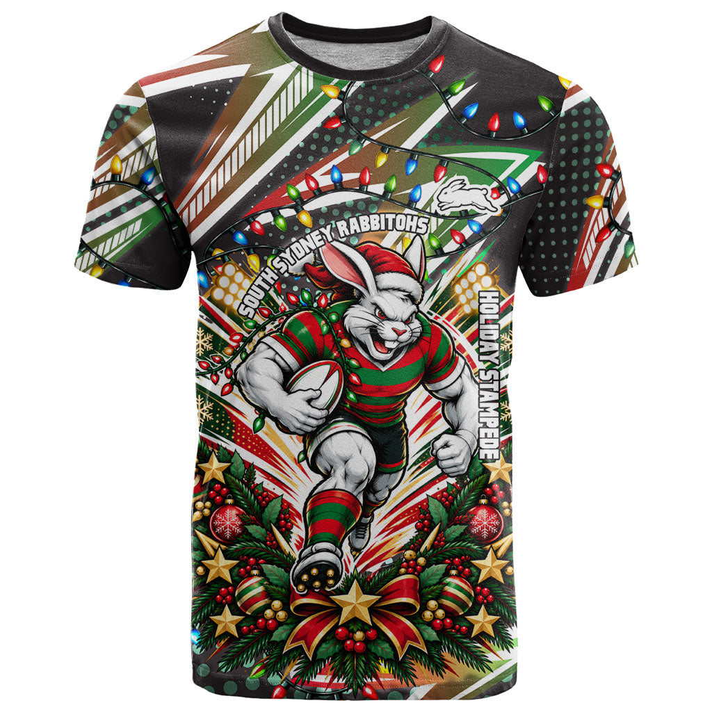 Personalized South Sydney Rabbitohs Rugby Christmas T Shirt Holiday Mascot Graphic Art Festive Lights Bow